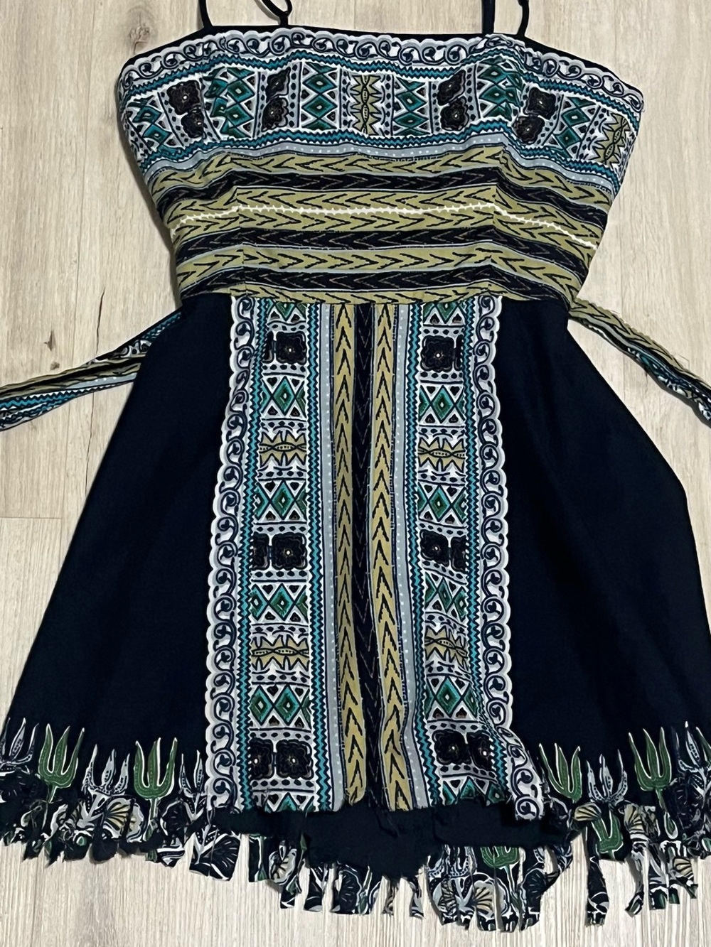 BCBGMaxAzria Aztec Black Tank with Green, Gold & White Tribal Print Tye Waist